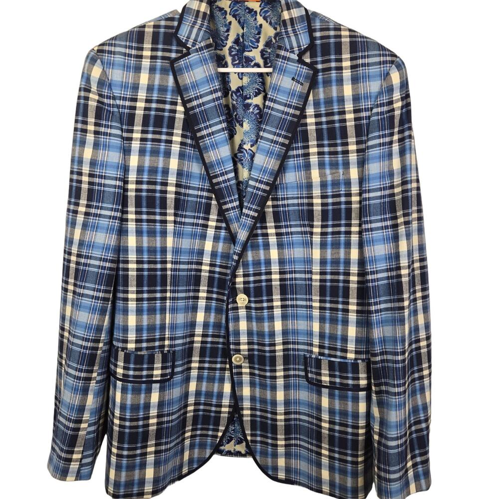 GRANDPA TALLIA Men's Blazer 44 REG Blue Plaid Cotton Single-Breasted Notch Lapel